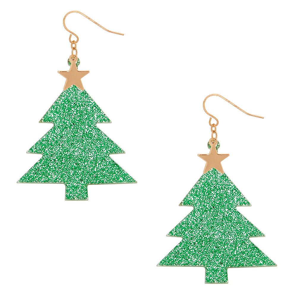 2" Glitter Christmas Tree Drop Earrings - Green